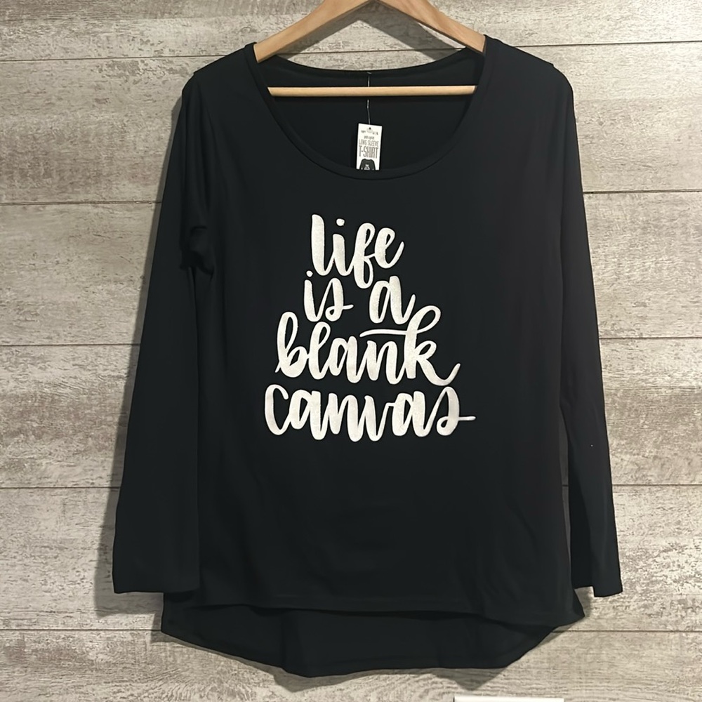 New Women’s Black Long Sleeve Scoop Neck T-Shirt ‘Life is a blank canvas’ sz Lg